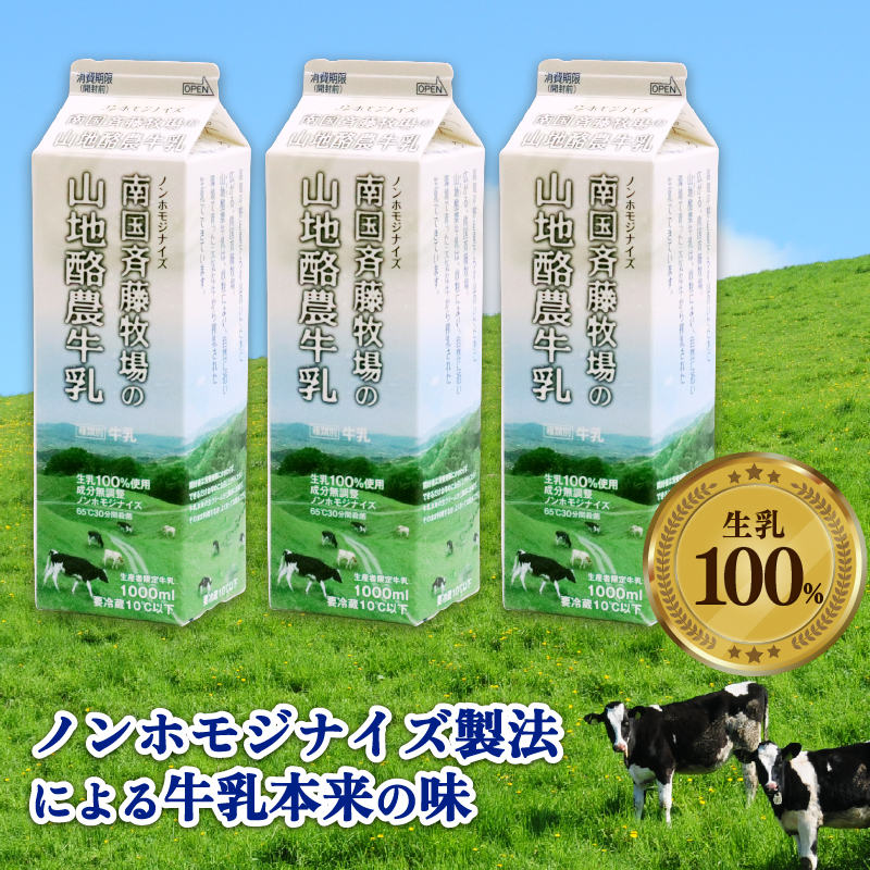  【定期便】山地酪農牛乳1L×3本【週1回配送／4回】【低温殺菌 自然放牧 定期便 こだわり おいしい 牛乳 ミルク 朝食  人気 おすすめ 高知県 南国市】