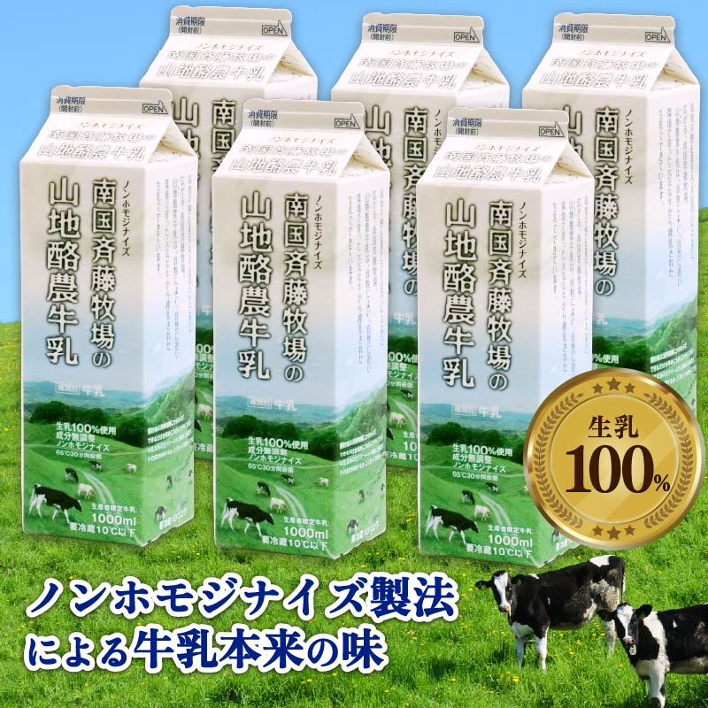 【6か月定期便】山地酪農牛乳1L×6本 【バターができる 低温殺菌 生乳100％ 成分無調整牛乳 ノンホモジナイズ製法 お菓子作り ぎゅうにゅう ミルク 南国斉藤牧場 高知県 南国市】