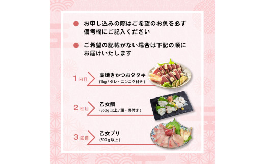 刺身 定期便 3ヶ月 お好きなお魚が選べる！ 小島水産 産地直送 3回 新鮮 かつおタタキ 真鯛 ブリ 刺身 乙女鯛 乙女ブリ 藁焼き かつお タタキ 鯛 タイ たい 鰤 鰹 かつおのたたき タタキ カツオ 海鮮 鮮魚 魚 お刺身 高知県 須崎市 KS29000-x