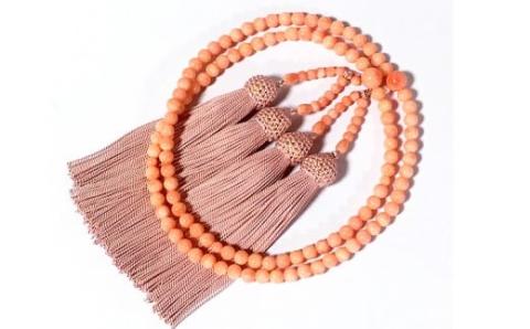 ピンク珊瑚使用 １０８珠本連数珠 房正絹灰桜 【高知】