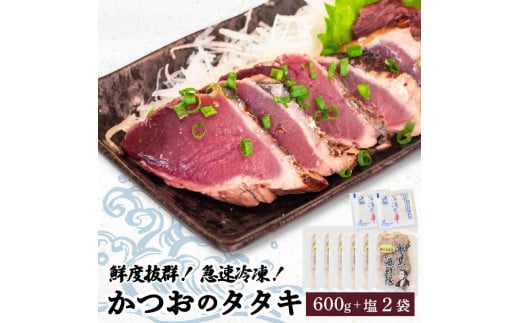 【急速冷凍】鮮度抜群 かつおのタタキ100g ６枚 セットと塩２袋 【野島水産】 600g×塩2袋