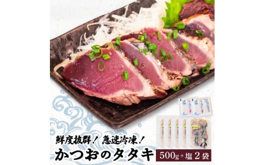 【急速冷凍】鮮度抜群 かつおのタタキ100g ５枚 セットと塩２袋 【野島水産】 500g×塩2袋