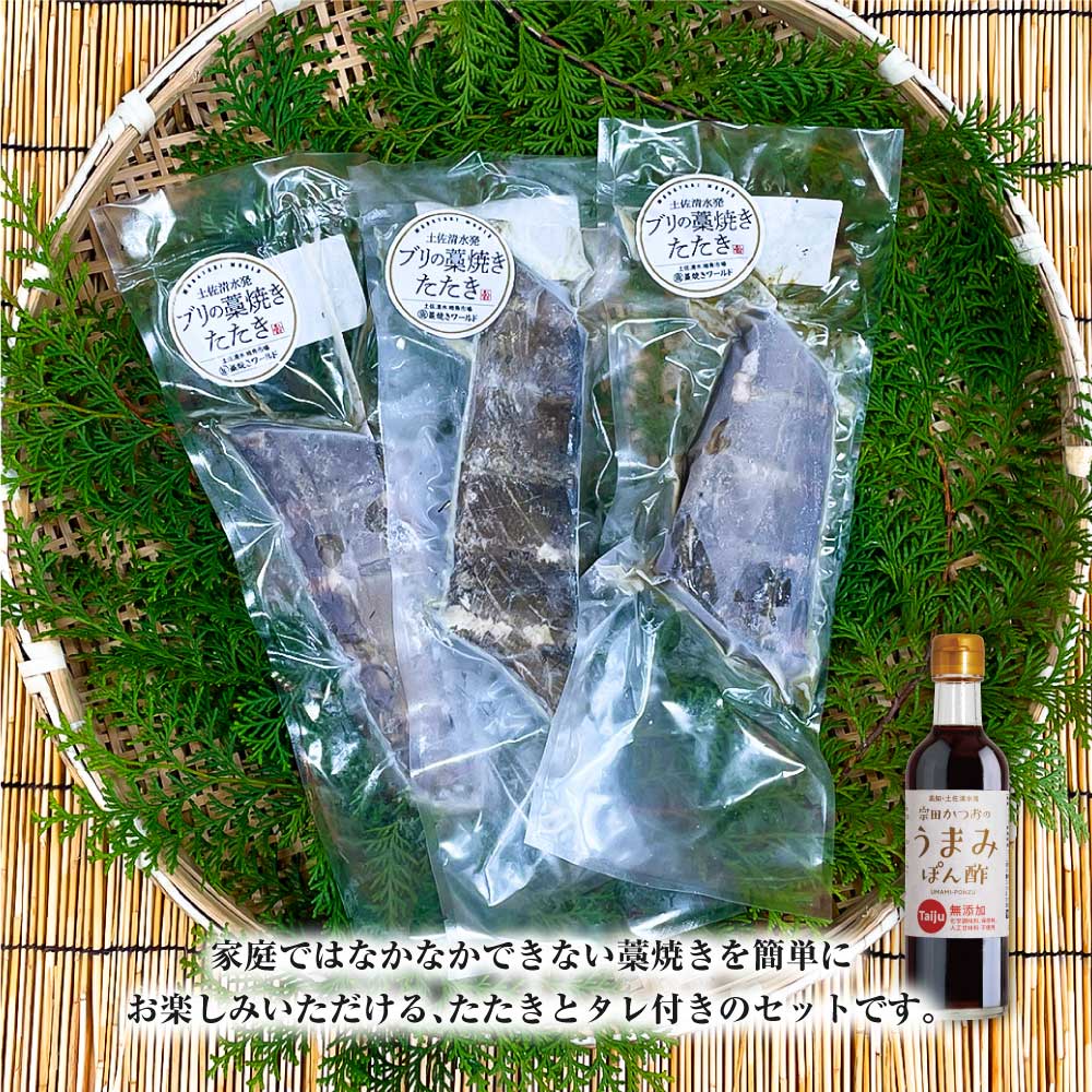 ブリの藁焼きたたき 3本（3~4人前）タレ付きのセット ぶり 鰤 わら焼き タタキ たれ付き 宗田かつおのうまみぽん酢 魚 海鮮 シーフード 魚介 刺身 新鮮【R01397】