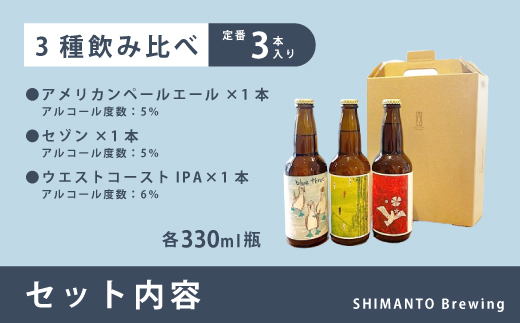 SHIMANTO Brewing オリジナル クラフトビール 3種 飲み比べ セット 瓶 3本 各 330ml 合計 990ml お酒 醸造所 直送 地ビール ビール 瓶ビール 父の日 母の日 誕生日 ギフト お中元 お歳暮 贈答 高知 四万十 しまんと クラフトビール330ml瓶×3本（箱入り）