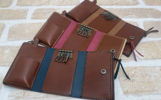 手縫いの本革「オリジナル キーケース ＆ ミニ財布」【カラー：ダークブラウン】上質 職人 手作り レザー 革 牛革 革製品 財布 小銭入れ 鍵 キー シンプル おしゃれ ギフト プレゼント 贈り物 高知県 四万十市 四万十 しまんと ダークブラウン