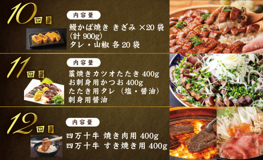 【12回定期便】四万十 の 贅沢 を詰め込んだ プレミアム 定期便 四万十市 高知 しまんと 鰹 かつお うなぎ 鰻 牛肉 和牛 小分け 四万十牛 じゃこ しらす 魚介 肉 鶏肉 鮎 天然鮎 加工品 豪華