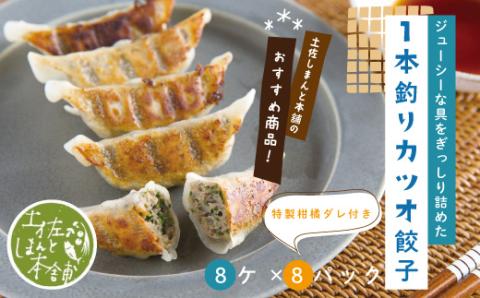 家(うち)に来る“高知” ジューシーな具をぎっしり詰めた手づくり!!　一本釣りカツオ餃子（8ケ入×8パック）・たれ付き　にんにく不使用！R5-1023
