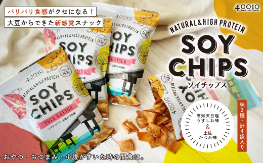 パリパリ食感がクセになる！大豆からできたソイチップス4袋セット（高知天日塩うすしお味・土佐かつお味 各2袋）