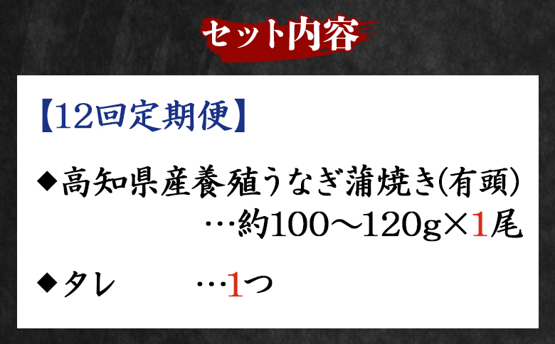 【１２回定期便】高知県産養殖うなぎ蒲焼き 100～120g 1尾 Wfb-0036 1尾【12回定期便】 100～120g
