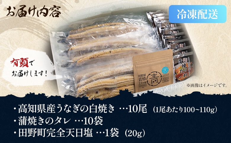 【7日程度で発送】国産うなぎ 高知県産 白焼き 10尾(100～110g×10尾) 合計1kg以上 田野町完全天日塩 20g付き 黒箱 yw-0087 10尾 100～110g
