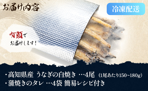 高知県産うなぎの白焼き 150～180ｇ×4尾 yw-0116 4尾 150～180g