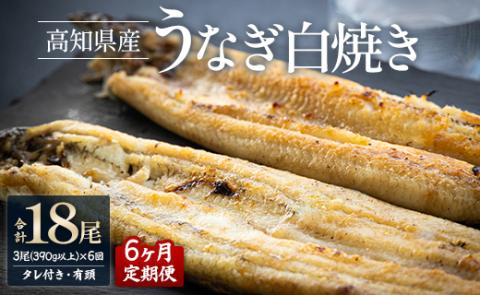 【6ヶ月定期便】高知県産うなぎの白焼き 合計18尾 (3尾390g以上×6回) タレ付き エコ包装 - 鰻 ウナギ しらやき 有頭 つまみ ご飯のお供 ごはん 丼 たれ 簡易 Wyw-0070 3尾【6回定期便】 130～150g