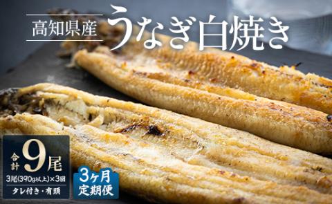 【3ヶ月定期便】高知県産うなぎの白焼き 合計9尾 (3尾390g以上×3回) タレ付き エコ包装 - 鰻 ウナギ しらやき 有頭 つまみ ご飯のお供 ごはん 丼 たれ 簡易 Wyw-0072 3尾【3回定期便】 130～150g