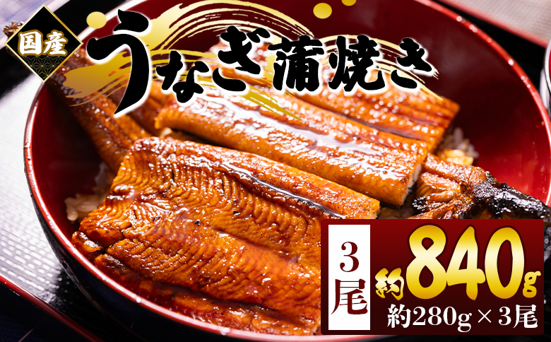 国産蒲焼きうなぎ 280ｇ 3尾 計840ｇ fb-0176 3尾 約280g