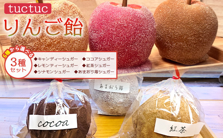 りんご飴 6種類から選べる3本セット 個包装 キャンディーシュガー レモンシュガー シナモンシュガー あまおう苺シュガー 紅茶シュガー ココアシュガー リンゴ 林檎 スイーツ おやつ お菓子 tt-0015