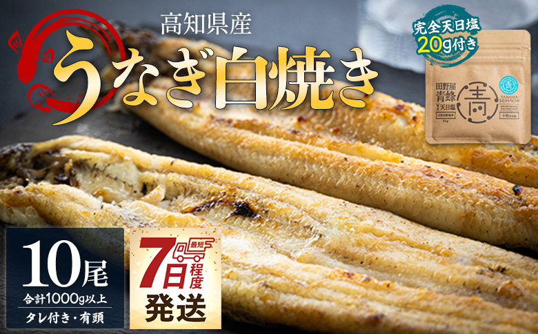 【7日程度で発送】国産うなぎ 高知県産 白焼き 10尾(100～110g×10尾) 合計1kg以上 田野町完全天日塩 20g付き 黒箱 yw-0087 10尾 100～110g