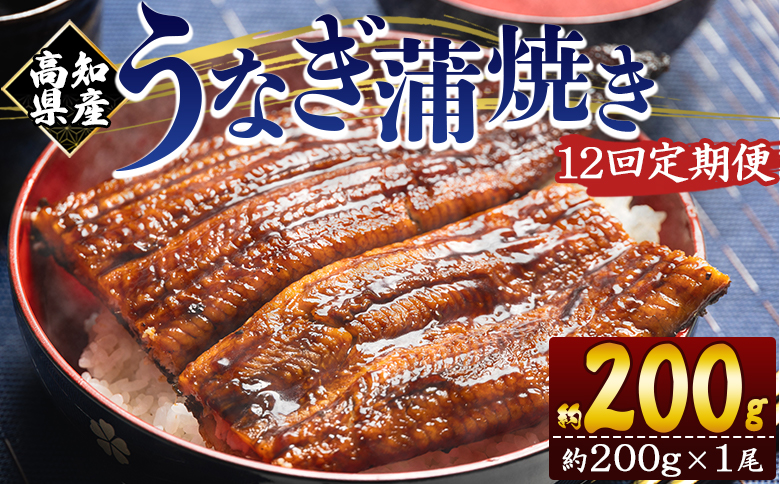 【１２回定期便】高知県産養殖うなぎ蒲焼き 約200g×１尾 Wfb-0048