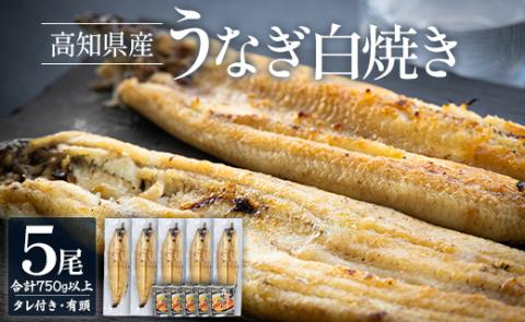 高知県産うなぎの白焼き 5尾 合計750g以上(1尾150〜180g)タレ付き エコ包装 - 送料無料 鰻 ウナギ 有頭 しらやき つまみ ご飯のお供 ごはん 簡易 家庭用 国産 冷凍 yw-0060