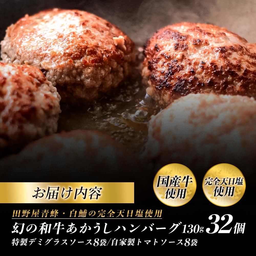 幻のあかうし和牛ハンバーグ 32個入り 1個130g 特製デミソース トマトソース付き 田野屋青蜂 白鯆 完全天日塩練り込み 肉 お肉 国産牛 おかず おいしい お取り寄せ 冷凍 配送 高知県 田野町