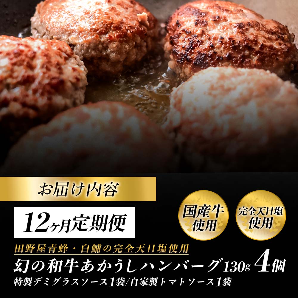 幻のあかうし和牛ハンバーグ 4個入り 12ヶ月定期便 1個130g 特製デミソース トマトソース付き 田野屋青蜂 白鯆 完全天日塩練り込み 肉 お肉 国産牛 おかず おいしい お取り寄せ 冷凍 配送 高知県 田野町