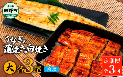 田野町産うなぎの蒲焼き(大)+うなぎの白焼き(大) 各3尾×3回 定期便 3ヶ月 定期コース 1尾あたり120～150g タレ付き 山椒付き うなぎ 鰻 ウナギ 蒲焼き かば焼き 白焼 国産 冷凍 配送