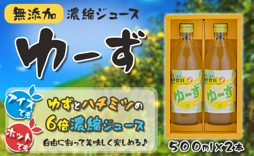 ゆーず 500ml×2本 ゆずジュース 6倍希釈飲料 濃縮ジュース フルーツジュース ゆず 有機 無添加 ギフト お歳暮 お中元 母の日 父の日 のし 熨斗 産地直送 高知県 馬路村[690]