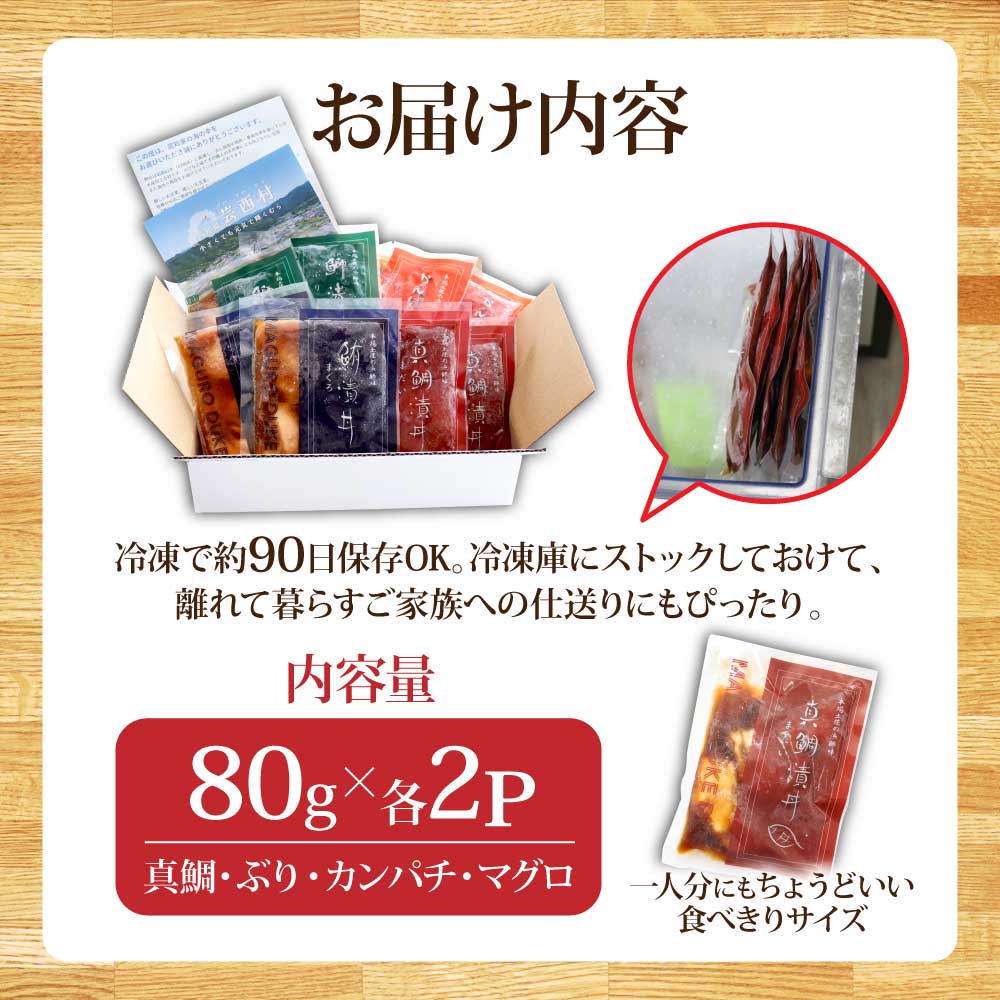 【期間限定　特別奉仕品】真鯛・ブリ・カンパチ・マグロの漬け丼セット4種×2P《迷子の真鯛を食べて応援 養殖生産業者応援プロジェクト》 - 80g×各2P 計8P
