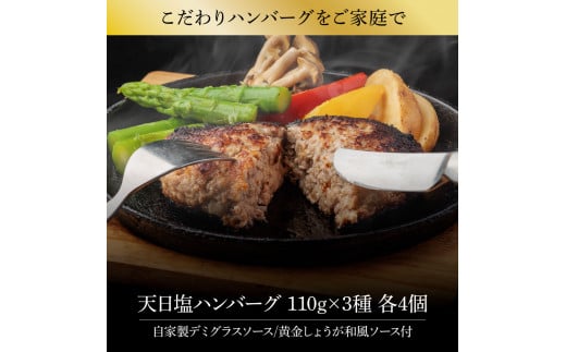 1/1～寄附額変更 食べ比べ！天日塩ハンバーグ3種セット各4個(110g×3種) 合計12個 ハンバーグ 黒毛和牛 美鮮豚 天然塩 天日塩 デミグラスソース 和風ソース ソース付き 牛肉 豚肉 温めるだけ 冷凍 配送 国産 故郷納税