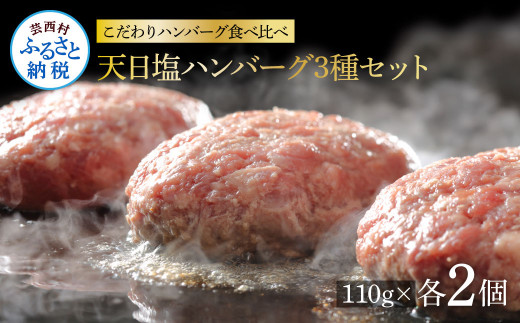 1/1～寄附額変更 食べ比べ！天日塩ハンバーグ3種セット各2個(110g×3種) 合計6個 ハンバーグ 黒毛和牛 美鮮豚 天然塩 天日塩 デミグラスソース 和風ソース ソース付き 牛肉 豚肉 温めるだけ 冷凍 配送 国産 故郷納税