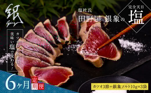 《6ヶ月定期便》芸西村厳選1本釣り本わら焼き「田野屋銀象シリーズ〈極〉カツオのたたき（9～11人前）完全天日塩付（田野屋銀象ソルト）」〈高知県・土佐市共通返礼品〉 - 9～11人前×6ヶ月定期便