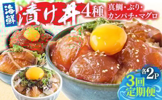 漬け丼セット4種 80g×各2P 3回定期便 海鮮丼 海鮮丼セット 真鯛 ブリ カンパチ マグロ 海鮮 漬け お茶漬け 鯛 ぶり 鰤 勘八 かんぱち まぐろ 小分け パック ご飯 晩御飯 惣菜 刺身 冷凍 配送