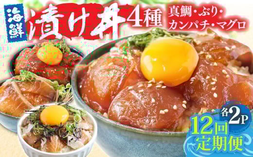 漬け丼セット4種 80g×各2P 12回定期便 海鮮丼 海鮮丼セット 真鯛 ブリ カンパチ マグロ 海鮮 漬け お茶漬け 鯛 ぶり 鰤 勘八 かんぱち まぐろ 小分け パック ご飯 晩御飯 惣菜 刺身 冷凍 配送