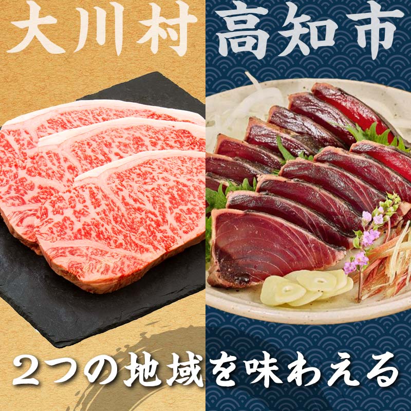【セット定期便】大川黒牛サーロインステーキA4以上（200g×2枚）＆カツオたたき3kg 和牛 サーロイン 焼肉 牛肉 肉 かつお 魚介 高知県 大川村 F6R-100