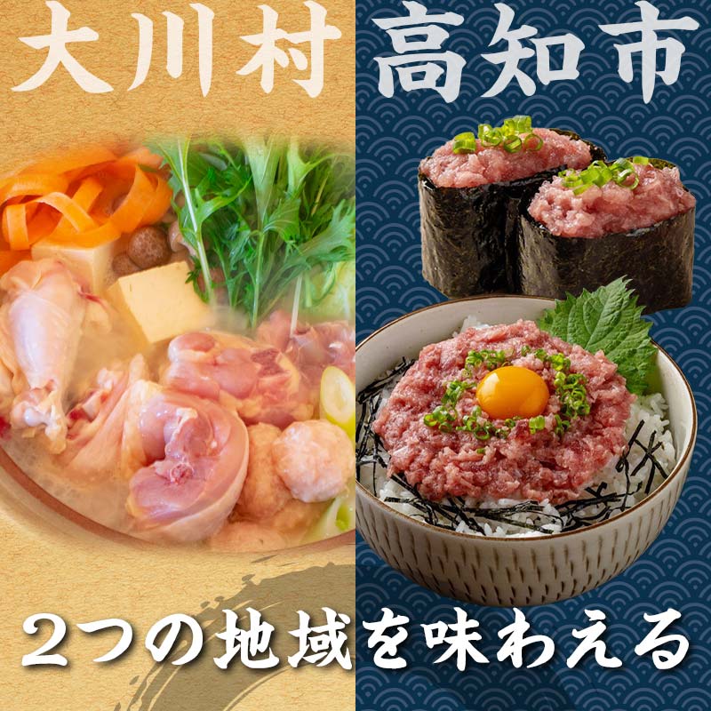 【セット定期便】【大川村と高知市の共通返礼品】土佐はちきん地鶏なべセット＆マグロのネギトロ 地鶏 鶏肉 とり肉 肉 まぐろ 海鮮 高知県 大川村 F6R-112