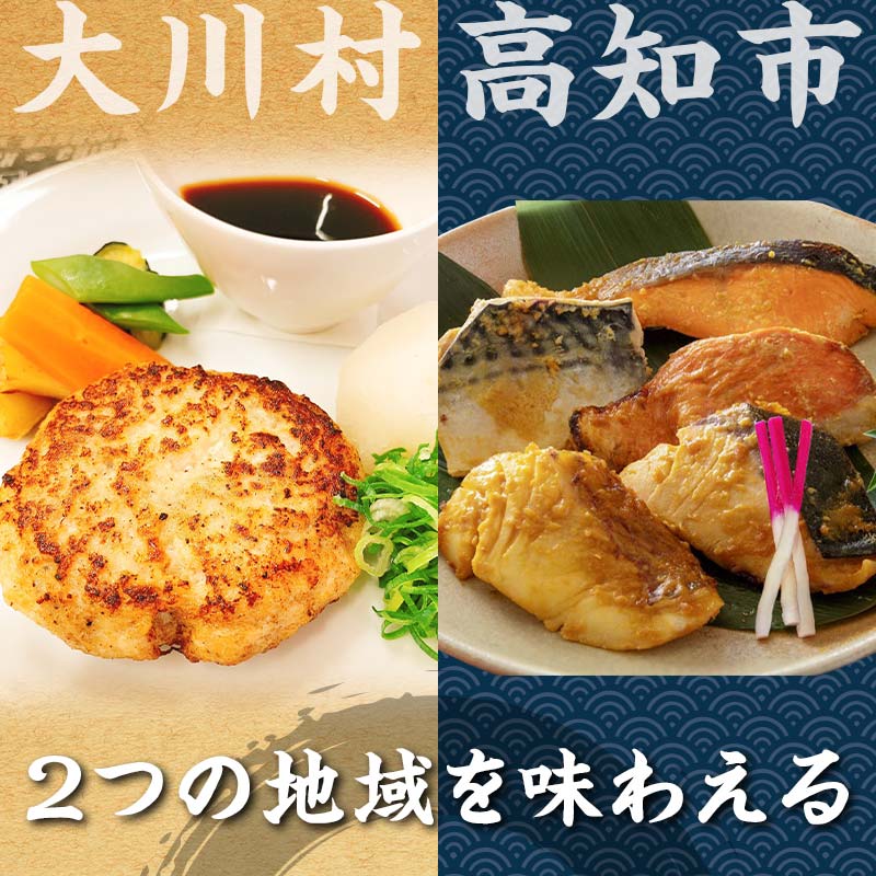 【セット定期便】【大川村と高知市の共通返礼品】土佐はちきん地鶏ハンバーグセット＆西京漬け５種 地鶏 真鯛 金目鯛 鰤 鯖 銀鮭 鶏肉 とり肉 肉 海鮮 魚介 高知県 大川村 F6R-114