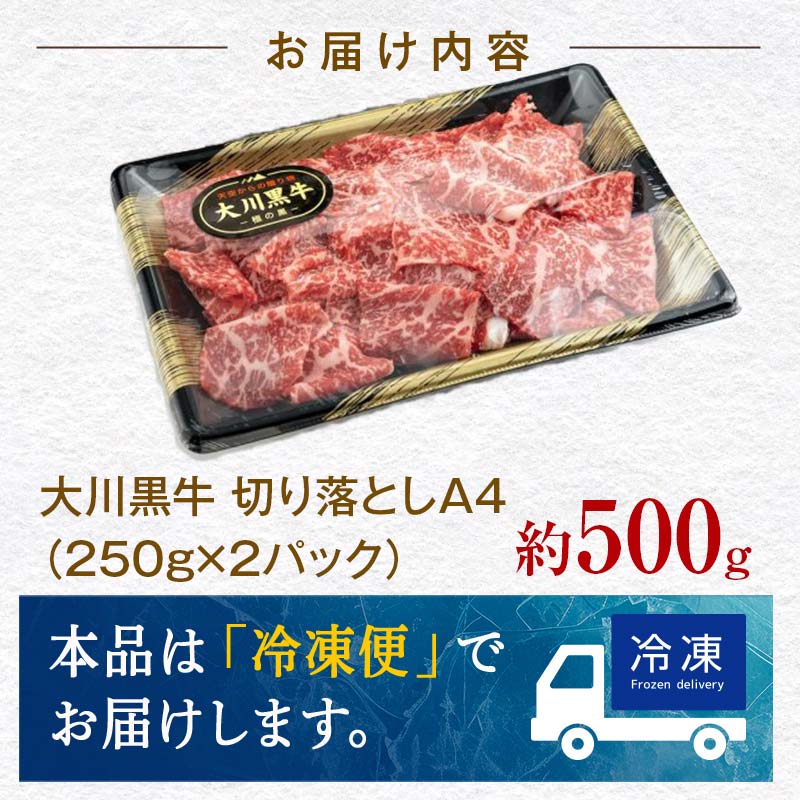 国産黒毛和牛 大川黒牛 切り落とし A4（250g×2パック） 国産 黒毛和牛 A4 切り落とし 牛肉 高知県 大川村  牛 ビーフ 肉 食品 F6R-020