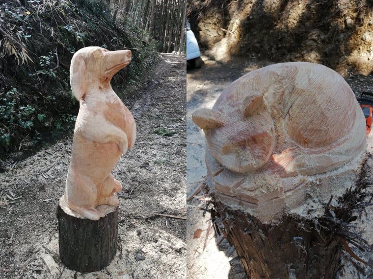 チェーンソーアート チェーンソーカービング きこり 丸太アート ペット ペット彫刻 木彫り 動物彫刻 直径～40cm 高さ～60cm位