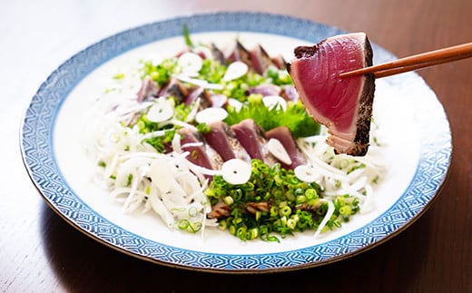 【予約受付】【生の鮮度】初ガツオのタタキ2-3人前（薬味付き） 鰹  高知 海産 冷蔵 ご贈答 ご家庭に ギフト  薬味（ニンニク、ネギ、大葉、生姜）特製のたたきのタレ　かつおのたたき／Efs-10