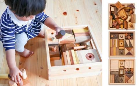 【四万十産の木材13種、つみきの数65個】遊び方から片付けまで自由な発想を育む、積み木 「かたことぽん」／Ole-29