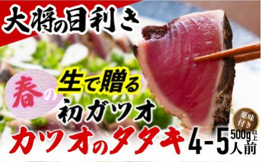 【予約受付】【生の鮮度】初ガツオのタタキ4-5人前（薬味付き）【冷蔵】 鰹 高知 海産 冷蔵 ご贈答 ご家庭に ギフト お歳暮 薬味（ニンニク、ネギ、大葉、生姜）特製のたたきのタレ ／Efs-11