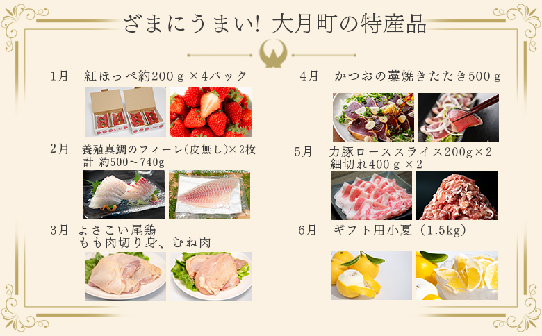 【定期便 12回】ざまにうまい！大月町 特産品セット｜いちご 真鯛 鶏もも肉 むね肉 かつおの藁焼きたたき 力豚 豚ロース 豚こま 小夏 厚切り豚タン ぶどう みかん 養殖 本マグロ 旬 産地直送 野菜 果物 人気 ご当地 グルメ お取り寄せ