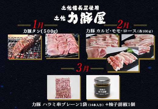 【定期便 3回】豚肉 カルビ モモ ロース タン 豚タン ハラミ 肉 バラ 1～3月｜厚切り 焼肉用 ブランド豚 国産 おすすめ 贈答用 おかず お弁当 BBQ 小分け 個包装 配送日指定可 冬ギフト お正月 キャンプ飯 土佐力豚屋 高知県 大月町