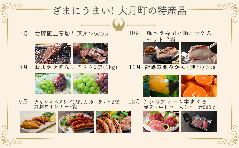 【定期便 12回】ざまにうまい！大月町 特産品セット｜いちご 真鯛 鶏もも肉 むね肉 かつおの藁焼きたたき 力豚 豚ロース 豚こま 小夏 厚切り豚タン ぶどう みかん 養殖 本マグロ 旬 産地直送 野菜 果物 人気 ご当地 グルメ お取り寄せ