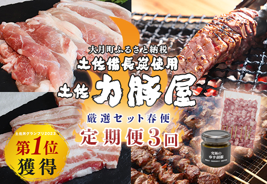 【定期便 3回】豚肉 タン 豚タン ハラミ 肩ロース ウデ 豚トロ トントロ 肉 バラ 焼肉用 4～6月｜ブランド豚 厚切り 国産 おすすめ 贈答用 おかず お弁当 BBQ 小分け 個包装 ギフト 串焼き キャンプ飯 土佐力豚屋  高知県 大月町