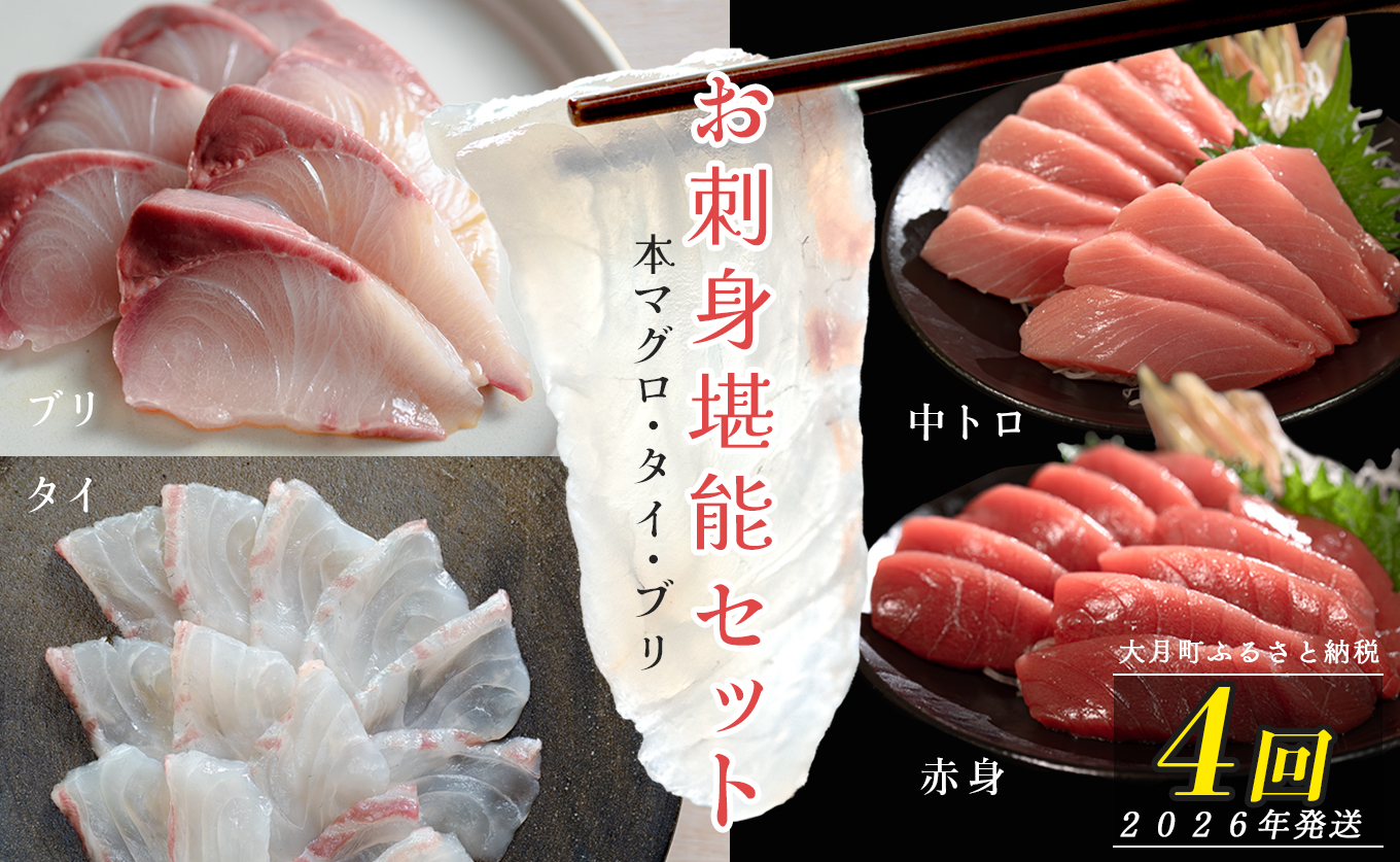 【定期便 4回】本マグロ タイ ブリ 刺身 本まぐろ 真鯛 ぶり 堪能セット 海鮮セット 産地直送 お刺身セット 新鮮 魚介 冷凍 真空パック 高知県 大月町