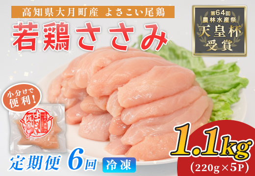 鶏肉 ささみ 1.1kg 定期便 6回 （1.1kg×6回） 鶏ささみ ササミ チキン 若鶏 ブランド鶏 最優秀賞 天皇杯 受賞 小分け 冷凍 骨なし お弁当 ササミフライ 梅しそ 筋トレ 高たんぱく 6.6kg 大容量 よさこい尾鶏 高知県 大月町