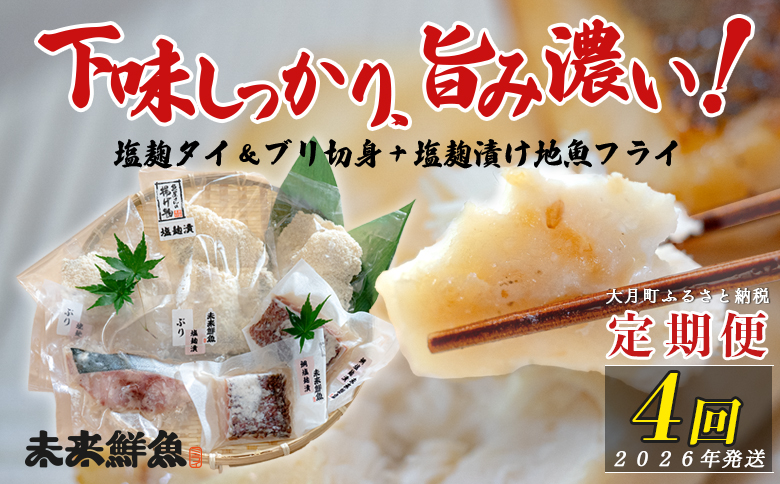 [定期便4回]塩麹に漬け込んだタイ&ブリ&地魚フライ|高知県産 白身魚 鯛 魚 たい 鰤 ぶり 揚げ物 麹 米麹 塩こうじ 天日塩 おすすめ 新鮮 魚介 海鮮 ビール おつまみ ご飯 お米 おかず 冷凍 便利 時短 お取り寄せ 贈答 ギフト 国産