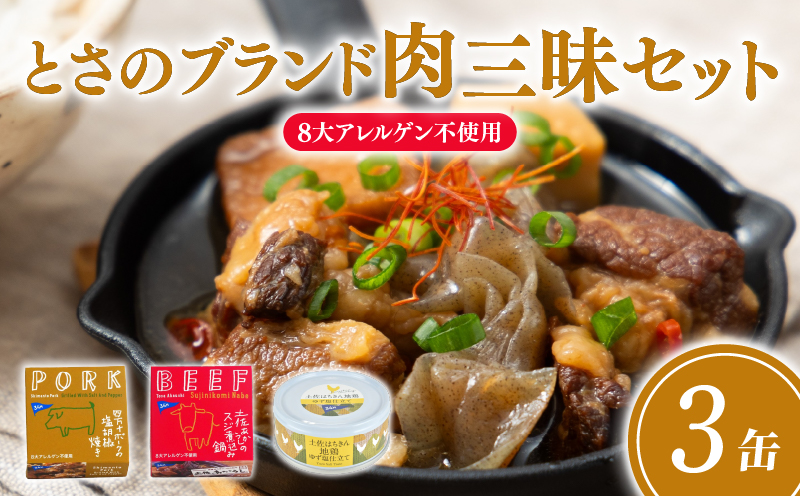 とさのブランド肉三昧set  3缶セット  3種×各1缶 四万十ポーク 土佐 あかうし 土佐はちきん 豚肉 豚 おかず プレゼント ギフト 贈答用 贈り物 お中元 お歳暮 肉 ポーク 酒の肴 日常食 ご褒美 惣菜 アレンジ 高級 缶詰め かんづめ 詰め合わせ ふるさと納税缶詰 高知 黒潮町 [1720]
