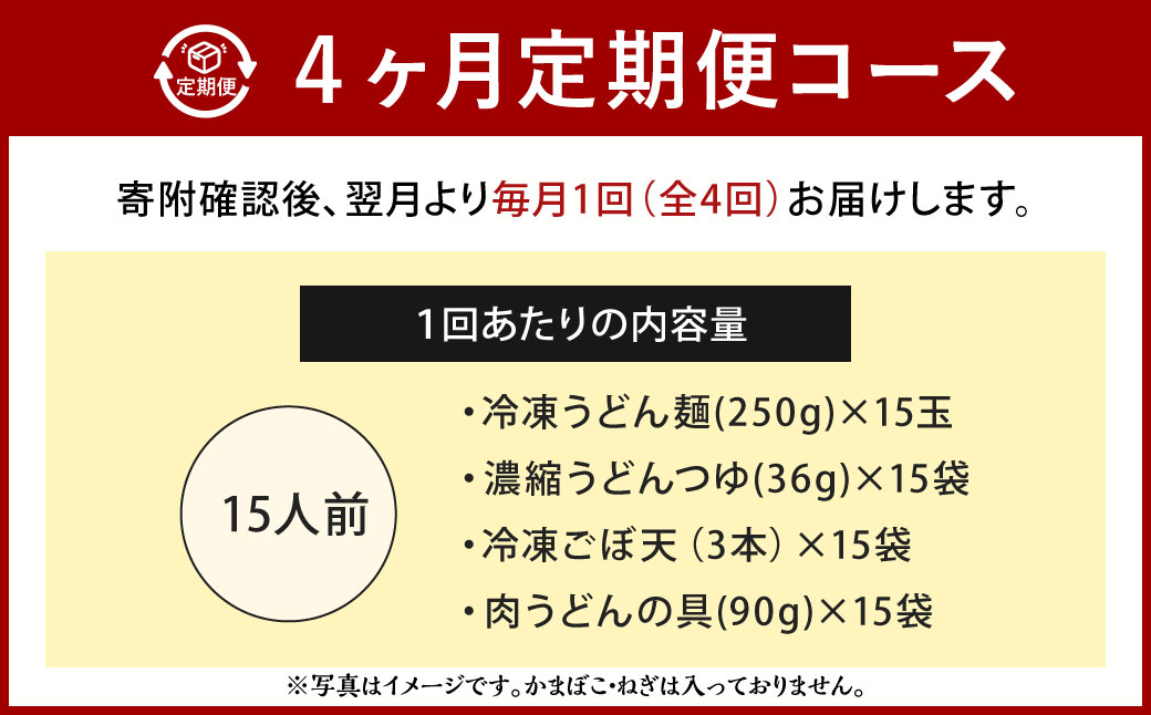 【定期便4カ月】 資さん肉ごぼ天うどん（15人前）×4回