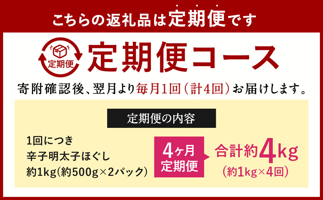 【4ヶ月定期便】辛子明太子ほぐし 約1kg 総重量約4kg 明太子 辛子明太子 めんたいこ ほぐし 海鮮 魚介類 魚卵 おつまみ ご飯のお供 定期便 冷凍 九州 福岡県 北九州市